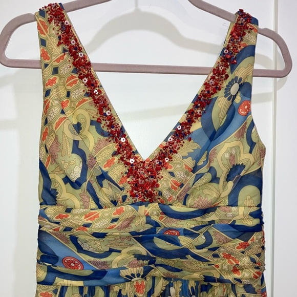 Kay Unger size 6 SILK Blue and Tan Ruched A-Line Midi dress - NWT but FLAWED - Picture 7 of 16